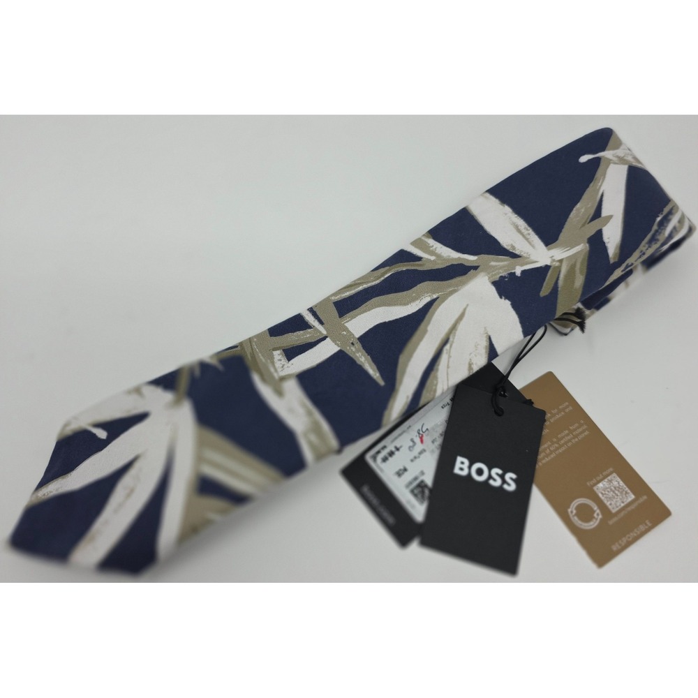 BOSS Necktie Mens OS Blue Abstract Leaf Print 100% Cotton Slim Made in Italy